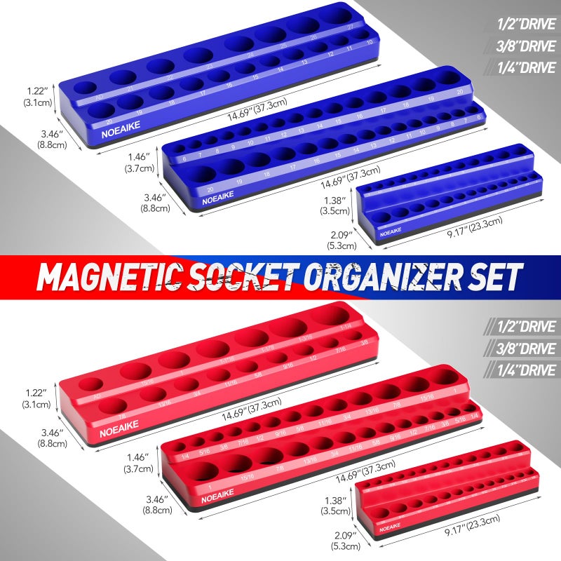 NOEAIKE 1/2 Inch Magnetic Socket Organizer,2-Pack Metric &SAE Sockets Holder Set 1/2" Drive Socket Trays, Holds 35 Pcs Standard Sockets(Socket not Included) - Image 3