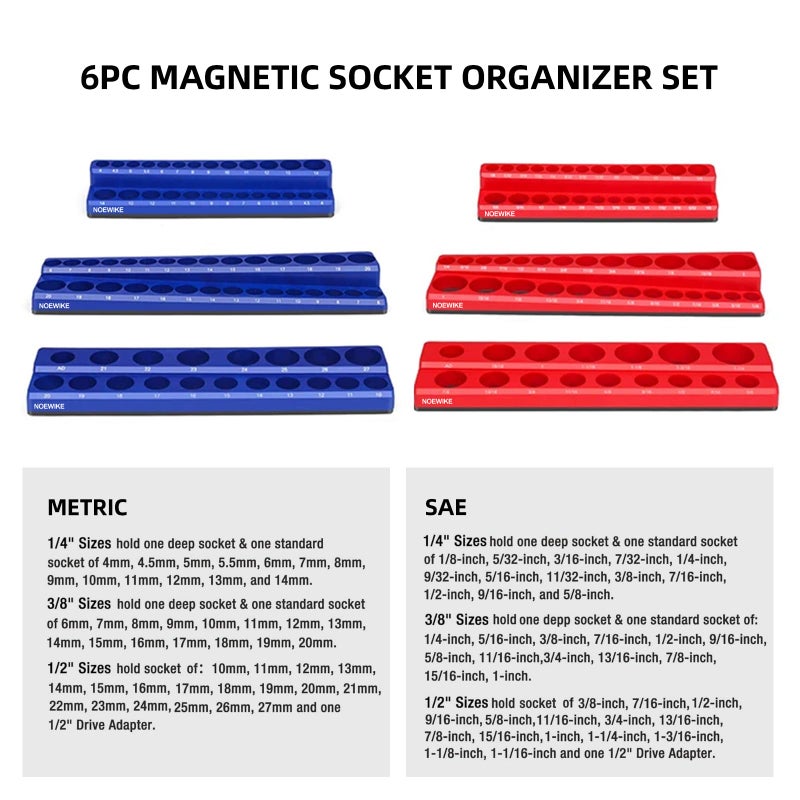NOEAIKE 1/2 Inch Magnetic Socket Organizer,2-Pack Metric &SAE Sockets Holder Set 1/2" Drive Socket Trays, Holds 35 Pcs Standard Sockets(Socket not Included) - Image 2