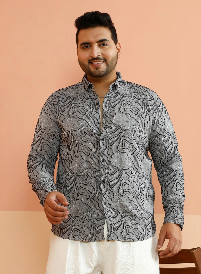 انستافاب بلس Instafab Plus Men's Coin Grey Fluid-Jacquard Shirt For Casual Wear | Spread Collar | Long Cuffed Sleeves | Button Closure | Plus Size Shirt Crafted With Comfort Fit For Everyday Wear