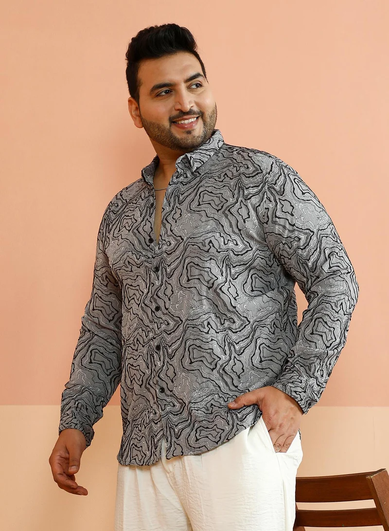 Instafab Plus Instafab Plus Men's Coin Grey Fluid-Jacquard Shirt For Casual Wear | Spread Collar | Long Cuffed Sleeves | Button Closure | Plus Size Shirt Crafted With Comfort Fit For Everyday Wear