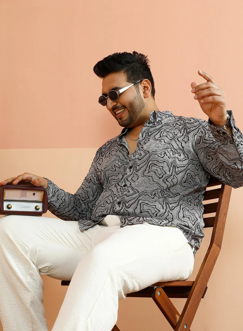 انستافاب بلس Instafab Plus Men's Coin Grey Fluid-Jacquard Shirt For Casual Wear | Spread Collar | Long Cuffed Sleeves | Button Closure | Plus Size Shirt Crafted With Comfort Fit For Everyday Wear