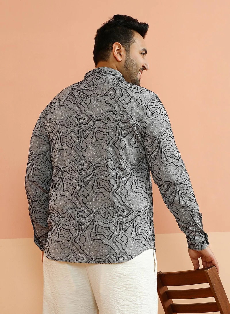 Instafab Plus Instafab Plus Men's Coin Grey Fluid-Jacquard Shirt For Casual Wear | Spread Collar | Long Cuffed Sleeves | Button Closure | Plus Size Shirt Crafted With Comfort Fit For Everyday Wear