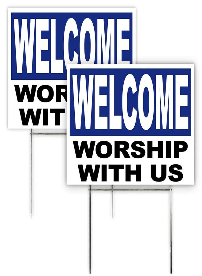 4LessCo 2 Pack 18x12 Inch WELCOME WORSHIP WITH US Yard Lawn Church Sign with Stake wb1s - Image 1