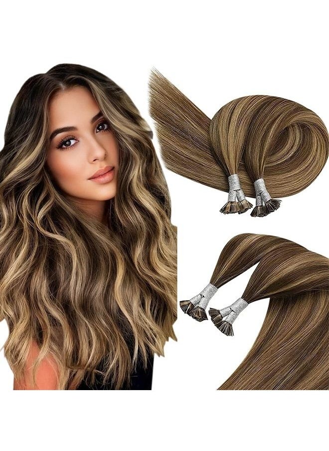 Sunny Hair Sunny Flat Tips Hair Extensions Highlights Dark Brown Mix Caramel Blonde Flat Tip Hair Extensions Real Human Hair Brown Flat Tip Keratin Hair Extensions Hot Fusion Flat Tip Extensions 50g/50s 14inch  - Image 1
