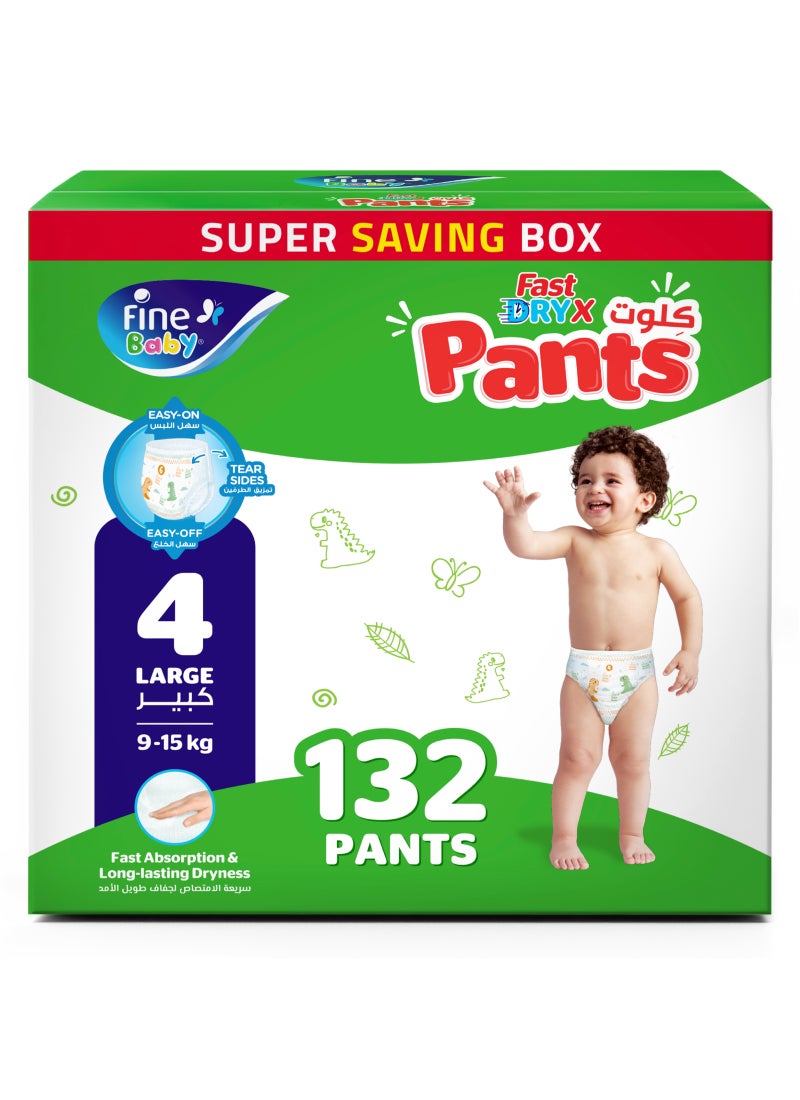 Fine Baby FastDryX Pants, Size 4 Large (9-15 kg), 132 Count – Mega Pack Pull-Up Pants, Instant Dry & Leak Proof - Image 1