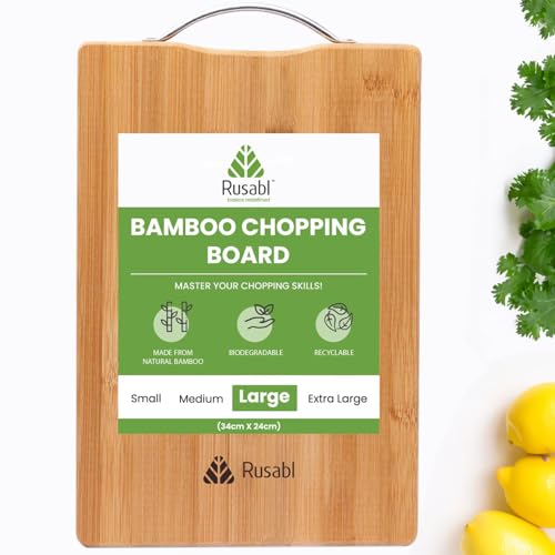 Rusabl Bamboo Wooden Chopping Board with Metal Handle, Multipurpose Cutting Board for Vegetables, Fruits & Cheese, for Kitchen Use, BPA Free, Eco-Friendly, Anti-Microbial (L, 34 x 24 cms) - Image 1