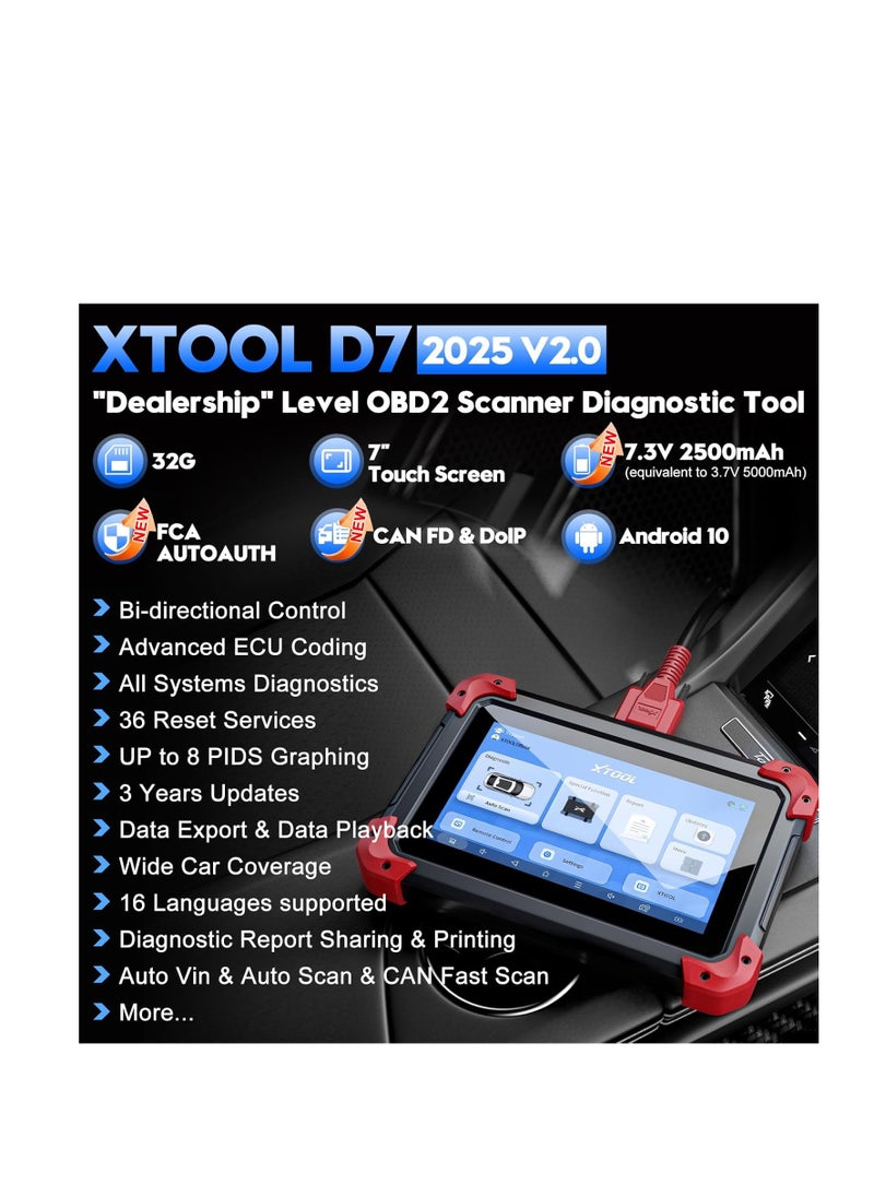 XTOOL - XTOOL D7 Bidirectional OBD2 Scanner: 2025 V2.0 Automotive Scanner Diagnostic Tool with Active Tests, All System, 36+ Resets, Crank Sensor Relearn, FCA - Image 1