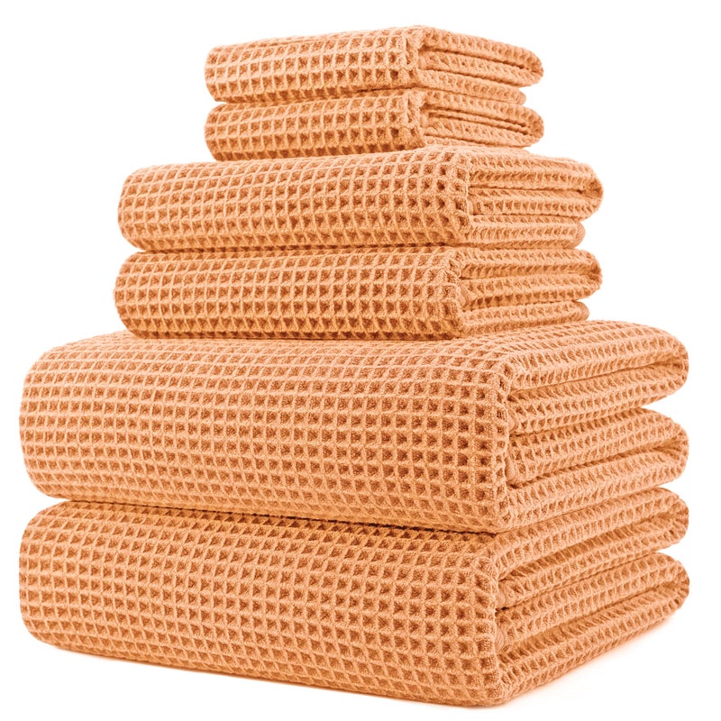 POLYTE Oversize 60 x 30 in Quick Dry Lint Free Microfiber Bath Towel Set 6 Piece Orange Waffle Weave
