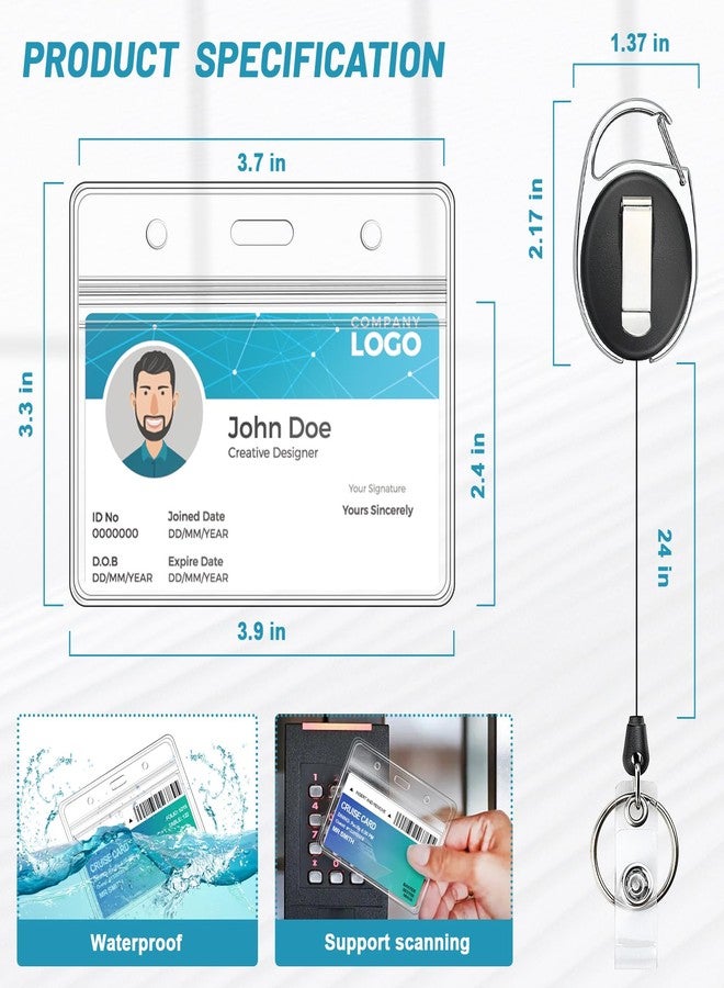 koorito 2 Pack ID Badge Holder with Retractable Badge Reel Clear Horizontal ID Card Holder with Heavy Duty Carabiner Badge Reel with 24 Inches Pull Cord - Image 2