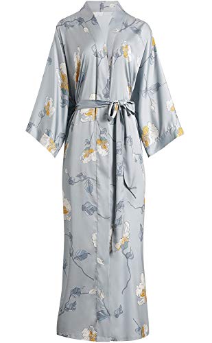 Aensso long lightweight soft silky robes for women,floral bridal bridesmaid wedding kimonos robe-Grey - Image 1
