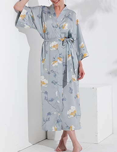 Aensso long lightweight soft silky robes for women,floral bridal bridesmaid wedding kimonos robe-Grey - Image 4