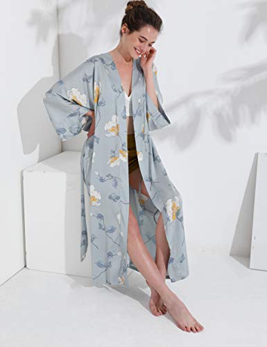 Aensso long lightweight soft silky robes for women,floral bridal bridesmaid wedding kimonos robe-Grey - Image 5