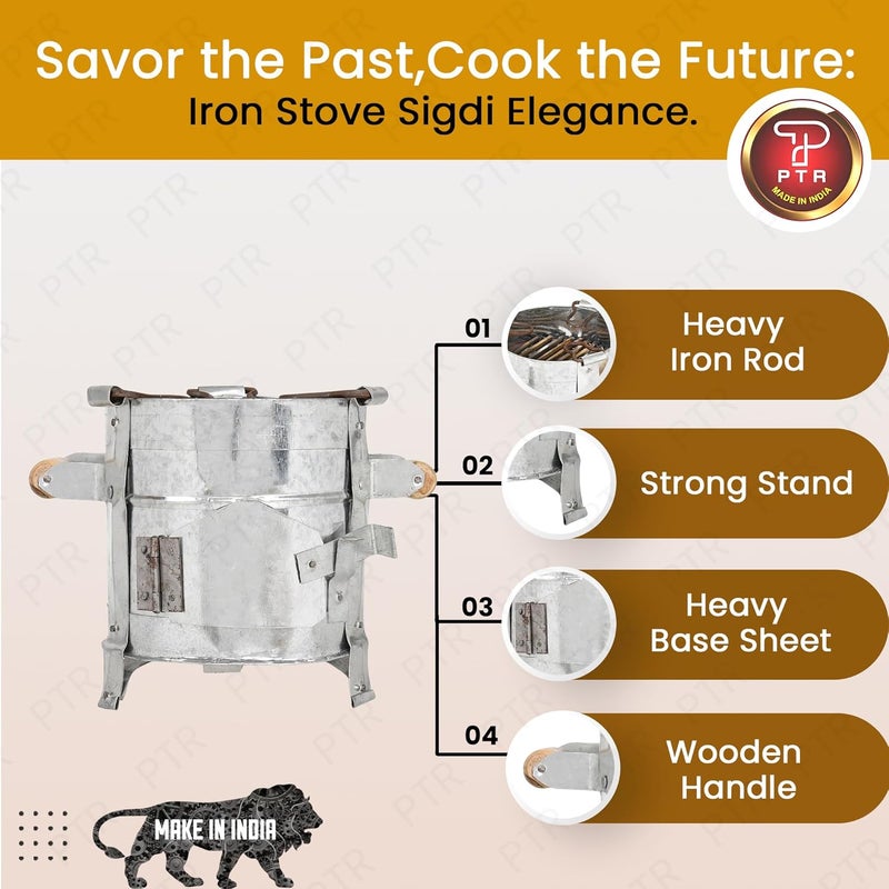 PTR Handmade Iron Sigdi with Free Iron Chimta Tong Indian Traditional Sigdi Pure Iron Metal Ash Tray Sigdi Chulha Angeethi Stove for Cooking Kitchen Style 4 - Image 4