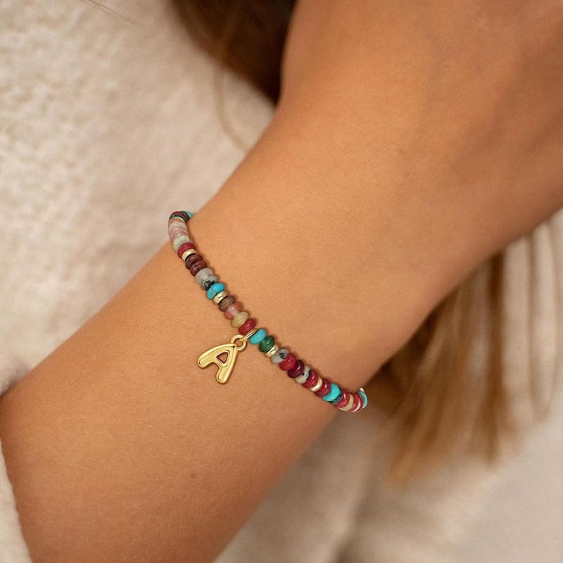 Maxcate Beaded Initial Bracelets for Women, 14K Gold Plated Initial Letter Charm Rainbow Gemstone Colorful Summer Beach Jewelry for Women - Image 2