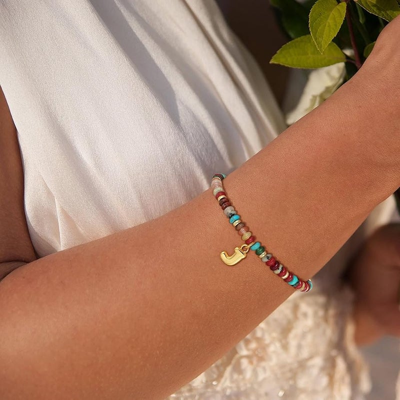 Maxcate Beaded Initial Bracelets for Women, 14K Gold Plated Initial Letter Charm Rainbow Gemstone Colorful Summer Beach Jewelry for Women - Image 5
