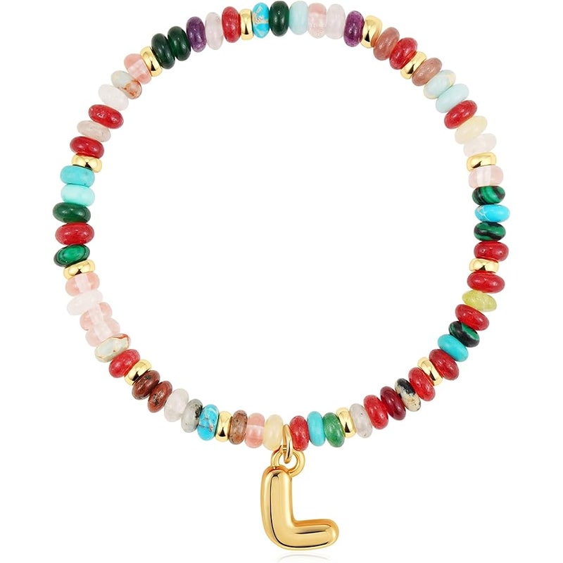 Maxcate Beaded Initial Bracelets for Women, 14K Gold Plated Initial Letter Charm Rainbow Gemstone Colorful Summer Beach Jewelry for Women - Image 1