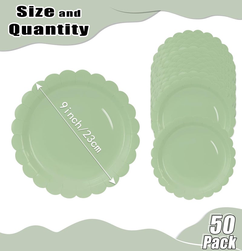 HEIPINIUYE 50 Pieces Sage Green Paper Plates 7 Inch Sage Scalloped Plates Disposable Dinner Plates for Wedding Baby Shower Birthday Party Dessert Plates - Image 2