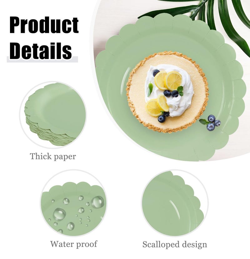 HEIPINIUYE 50 Pieces Sage Green Paper Plates 7 Inch Sage Scalloped Plates Disposable Dinner Plates for Wedding Baby Shower Birthday Party Dessert Plates - Image 3