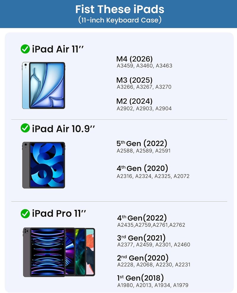 typecase حافظة لوحة مفاتيح تعمل باللمس من تايب كيس لجهاز iPad Air 11 بوصة (M4/M3/M2، 2026/2025/2024) وiPad Pro 11 (الجيل الأول إلى الرابع)، مع لوحة لمس متعددة اللمس، إضاءة خلفية بـ 11 لونًا، قابلة للدوران 360 درجة لـ Air 5/4، أسود - Image 2