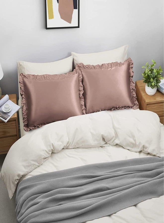 GO WELL Ruffle Satin Pillowcase for Hair and Skin, Standard Size Satin Pillow Covers Silky Pillow Cases Set of 2, Satin Ruffled Pillowcase with Envelope Closure,Silk Pillow case(Rose Taupe) 1200TC - Image 3
