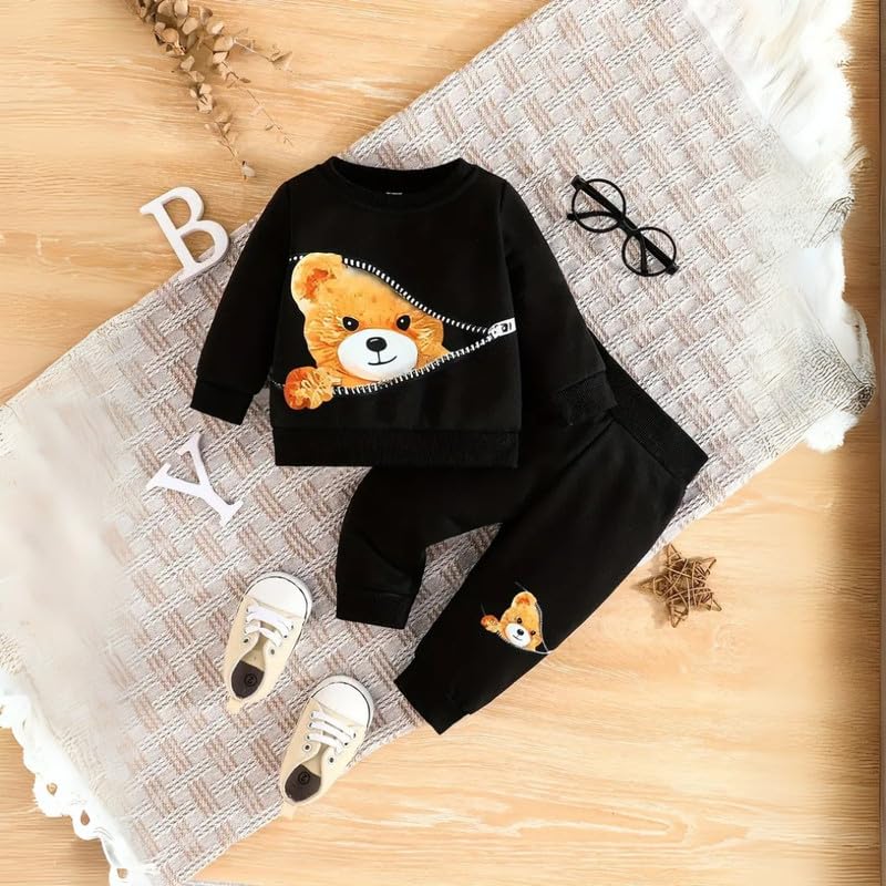Fommy Cotton Baby Clothing Set- Cute Teddy Bear T-Shirt & Pant Outfit for Boys & Girls | Perfect Baby Dress, T-Shirt & Pants Combo | Stylish Baby Wear (Black Zipped Bear, 6 Months-12 Months), Printed - Image 2