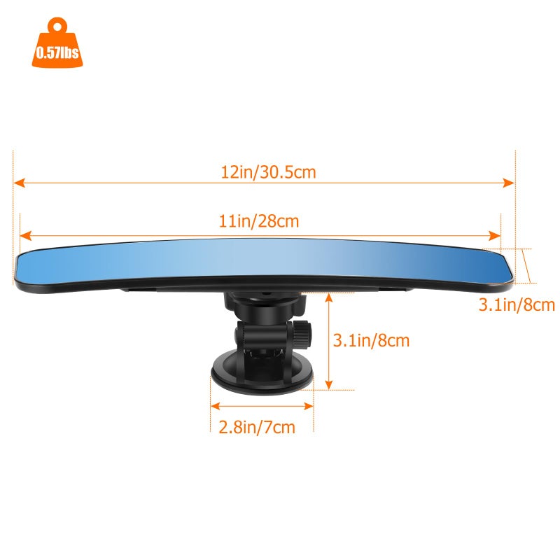 SLIIMU 12'' Large Anti Glare Rear View Mirror with Suction Cup, Stick on Universal Frameless Inside Rearview Blue Mirror with Parabolic Wide Angle Mounted on Windshield for Car Marine Auto Boat Truck SUV Van - Image 2