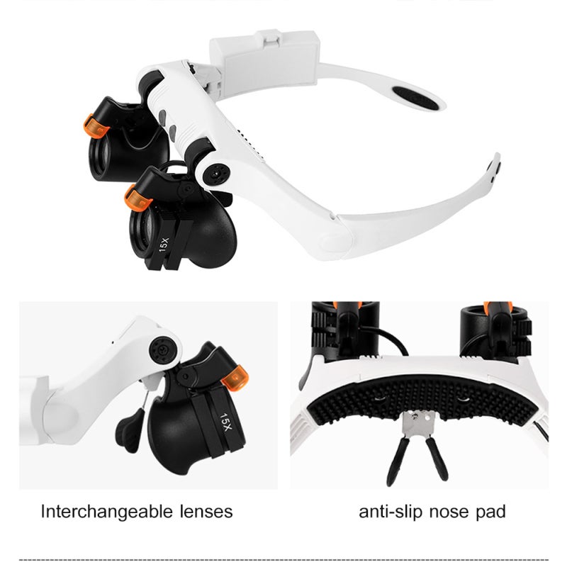 Headband Magnifier: 6 Interchangeable Scratch-Resistant Lenses, 21 Magnification Combinations - Hands-Free Design, Warm & Cool LED Lights Eyeglass Style Magnifier for Reading, Precision Part Inspectio - Image 2