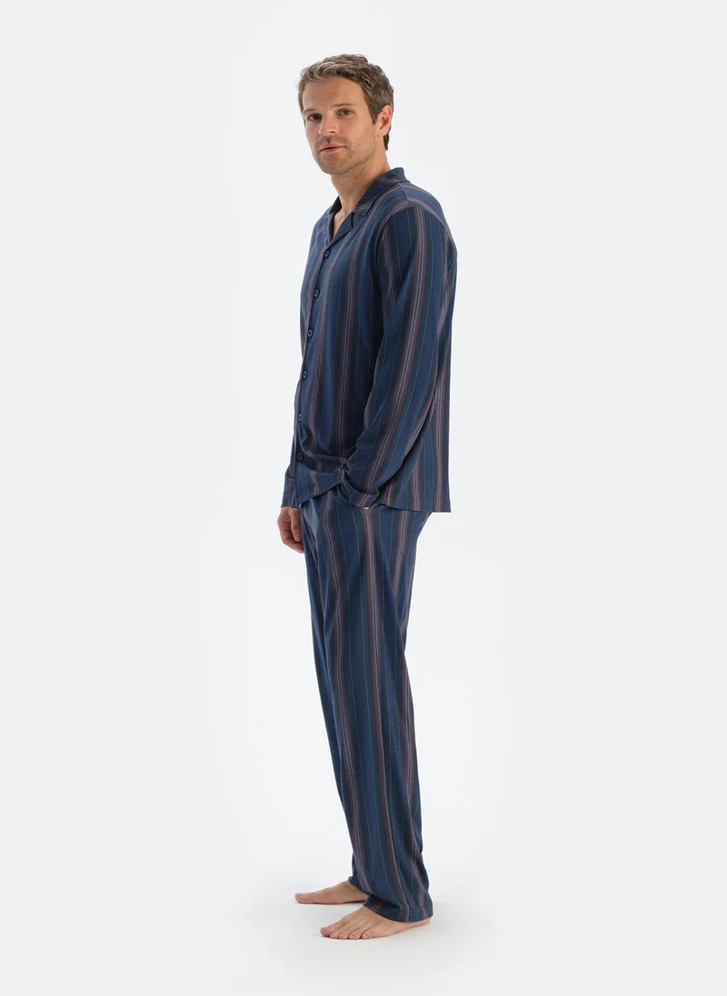 dagi Striped Shirt & Trousers Pajama Set Spread Collar Supreme Mid Rise Sleepwear