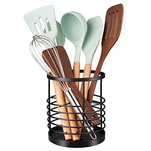 RedCall Utensil Holder for Kitchen Countertop,Metal Spatula Holder,Cooking Utensil Holder for Spoon,Wire Utensil Organizer,Stainless Steel Round Utensil Caddy Crock Flatware Storage Counter (Black) - Image 1