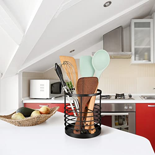 RedCall Utensil Holder for Kitchen Countertop,Metal Spatula Holder,Cooking Utensil Holder for Spoon,Wire Utensil Organizer,Stainless Steel Round Utensil Caddy Crock Flatware Storage Counter (Black) - Image 2