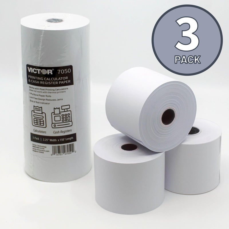Victor 7050 Compact White Paper Rolls for Handheld and Portable Printing Calculators/Adding Machines/Ink Print Cash Registers 2.25â€ W x 150' FT (3-Pack) - Image 2