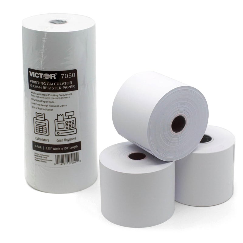 Victor 7050 Compact White Paper Rolls for Handheld and Portable Printing Calculators/Adding Machines/Ink Print Cash Registers 2.25â€ W x 150' FT (3-Pack) - Image 1