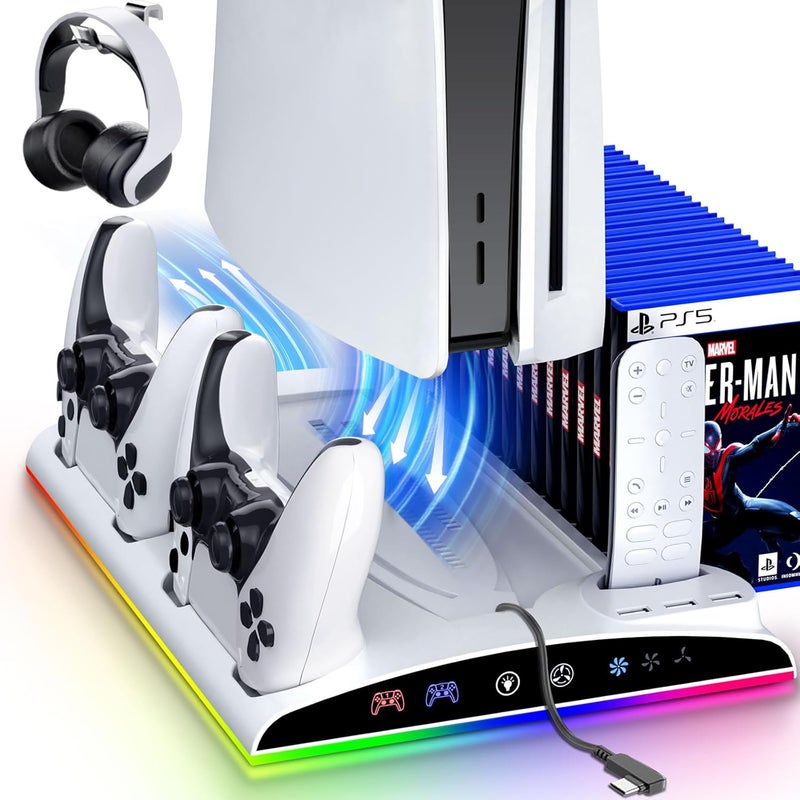 جارلو حامل جارلو PS5 مع محطة تبريد، محطة شحن جهاز التحكم لجهاز PlayStation 5 وSlim وPro إصدار القرص/الرقمي - ملحقات: مروحة تبريد، إضاءة LED ملونة، محاور USB، حامل سماعات الرأس، فتحة لعبة - Image 1