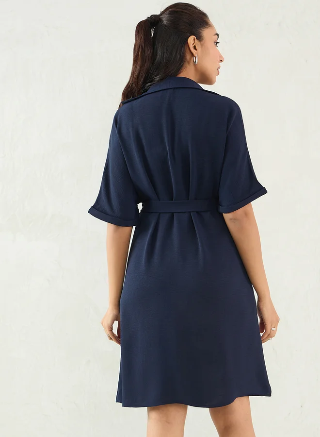 Femmella Femmella Navy Blue Crinkled Button Down Shirt Knee Length Dress