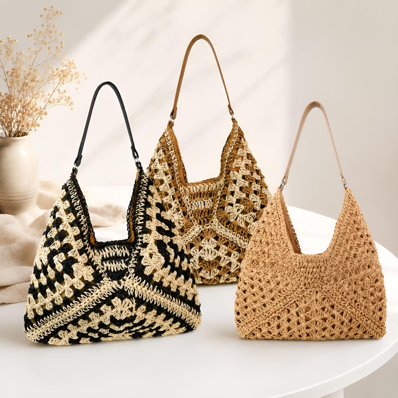SheSelects Handmade Woven Straw Shoulder Bag for Women, Summer Hobo Bag, Resort Style - Black & Beige - Image 5