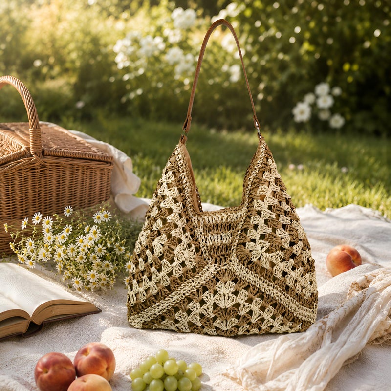 SheSelects Handmade Woven Straw Shoulder Bag for Women, Summer Hobo Bag, Resort Style - Black & Beige - Image 4