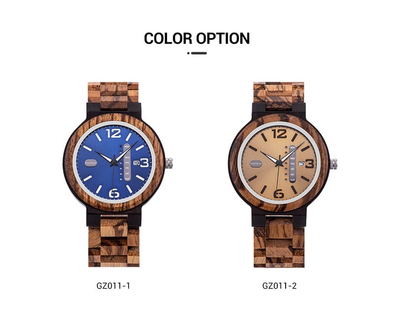 BOBO BIRD Week and Date Multi-Functional Display Men's Zebra Wooden Quartz Watch Lightweight Handmade Casual Wristwatches with Gift Box (Yellow Dial) - Image 3