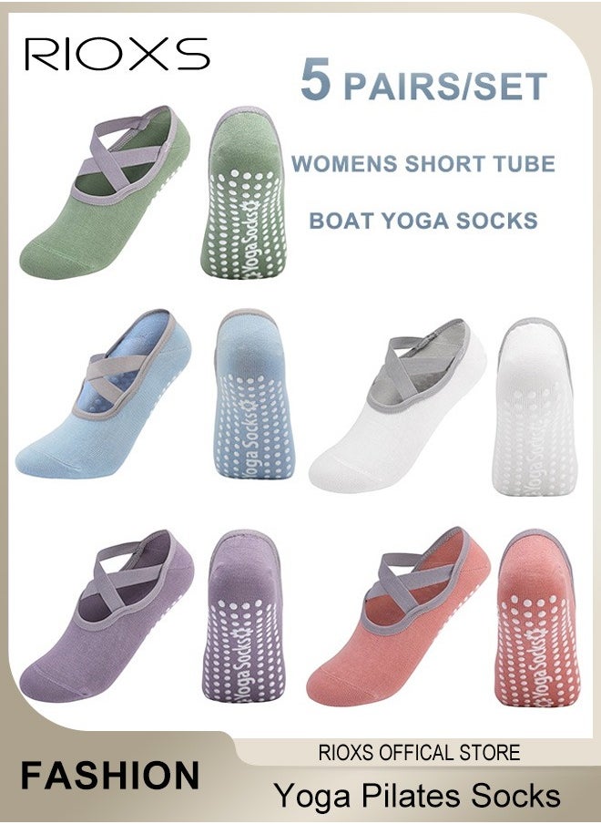 RIOXS 5 Pairs Yoga Socks For Women Non-Slip Grips & Straps Non Slip Socks For Yoga Pilates Ideal For Pilates Ballet Dance Barefoot Workout  - Image 1