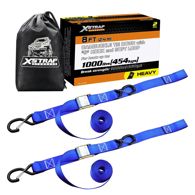 XSTRAP STANDARD Motorcycle Tie Down Straps 2 Pack 3000lb Break Strength 15 IN X 8FT HeavyDuty Cambuckle Tie Down Set with S Hook and Soft Loops Handlebar Strap for Dirt Bike Kayak Boat Blue