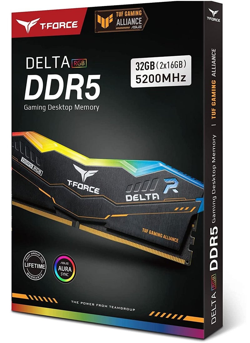 TEAMGROUP T-Force Delta TUF Gaming Alliance RGB DDR5 Ram 32GB Kit (2x16GB) 5200MHz (PC5-41600) CL40 Desktop Memory Module Ram (Black) for 600 Series Chipset - FF5D532G5200HC40CDC01