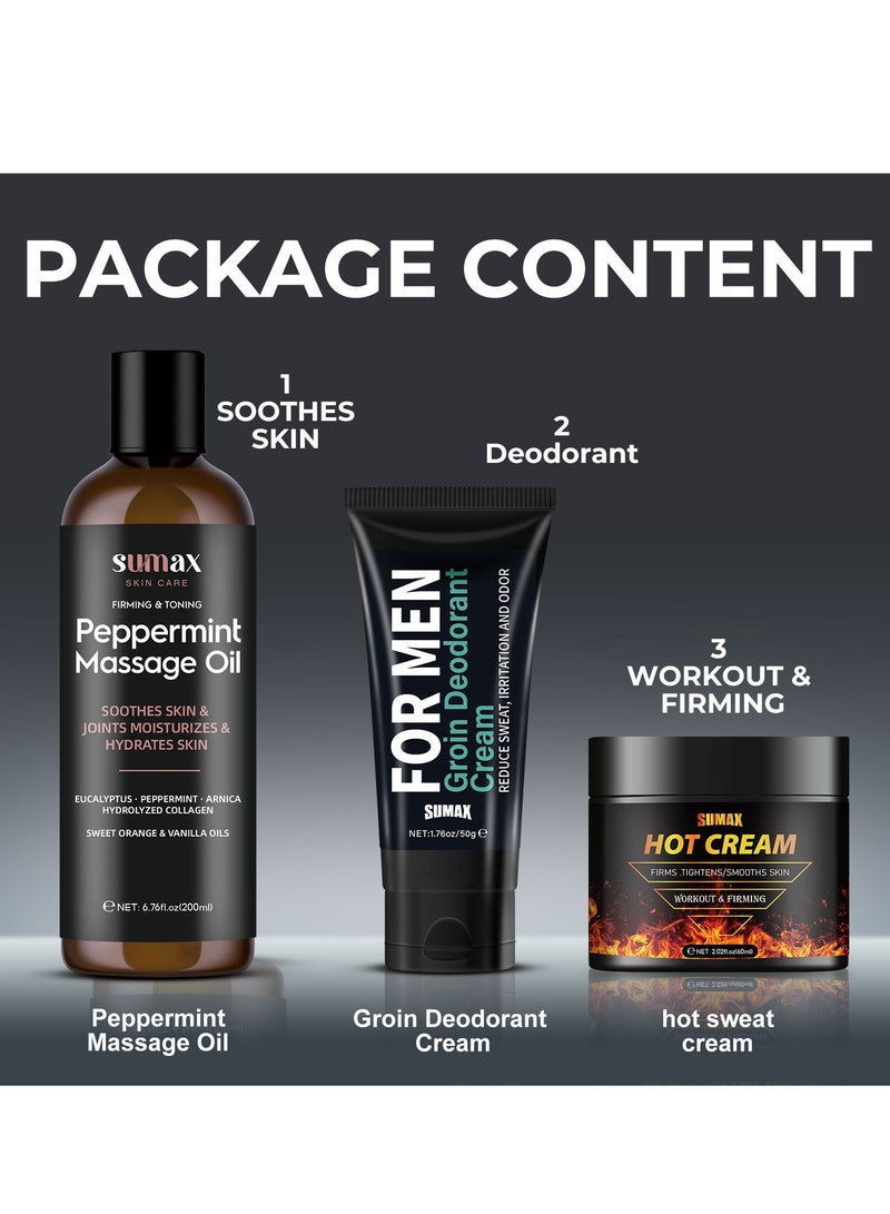SUMAX Men's massage and fitness care set/peppermint massage oil soothes skin joints moisturizes hydrates skin/groin deodorant cream reduce sweat irritation and odor/hot cream firms tightens/smooths skin - Image 2