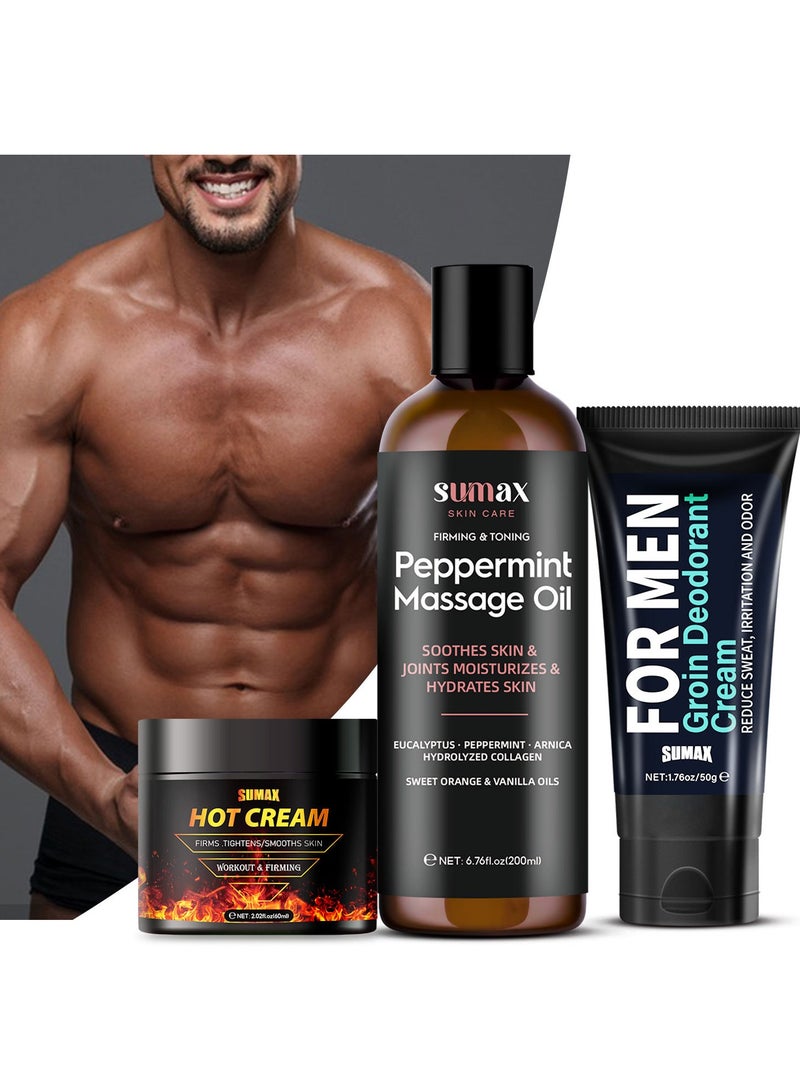 SUMAX Men's massage and fitness care set/peppermint massage oil soothes skin joints moisturizes hydrates skin/groin deodorant cream reduce sweat irritation and odor/hot cream firms tightens/smooths skin - Image 1