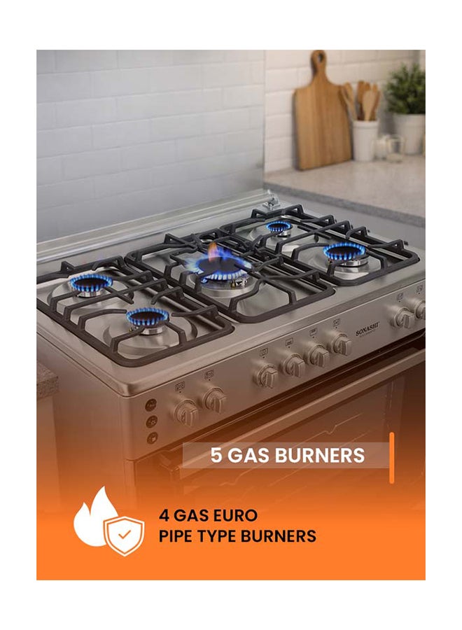 SONASHI 90 x 60 Free Standing Gas Oven - Stainless Steel Top Table | 5 Burners with Large Oven | Full Ignition Both Hob and Oven Parts | Double Oven Lamp and Chicken Rotisserie SGO-9060FFD Silver/Black - Image 5