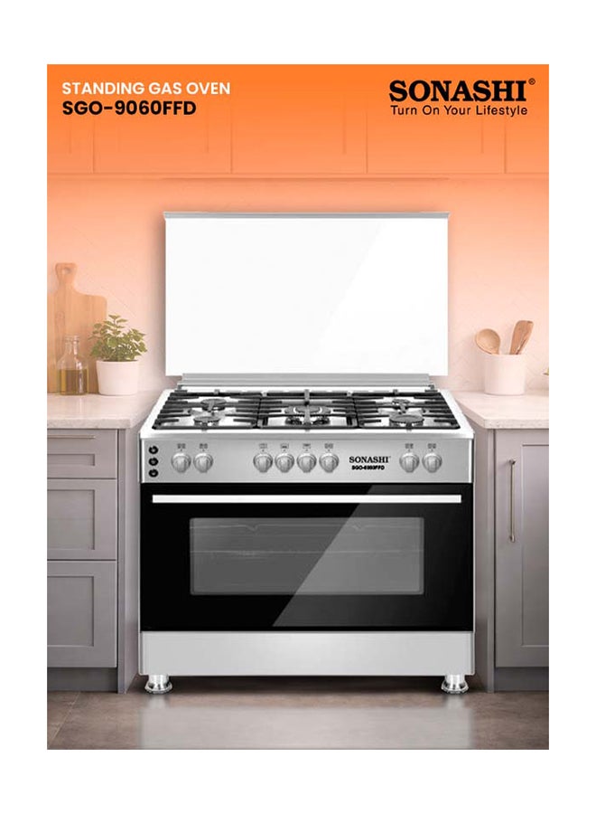 SONASHI 90 x 60 Free Standing Gas Oven - Stainless Steel Top Table | 5 Burners with Large Oven | Full Ignition Both Hob and Oven Parts | Double Oven Lamp and Chicken Rotisserie SGO-9060FFD Silver/Black - Image 2