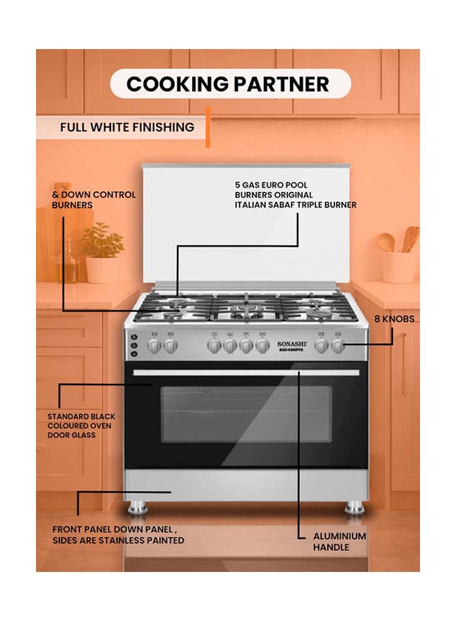 SONASHI 90 x 60 Free Standing Gas Oven - Stainless Steel Top Table | 5 Burners with Large Oven | Full Ignition Both Hob and Oven Parts | Double Oven Lamp and Chicken Rotisserie SGO-9060FFD Silver/Black - Image 3