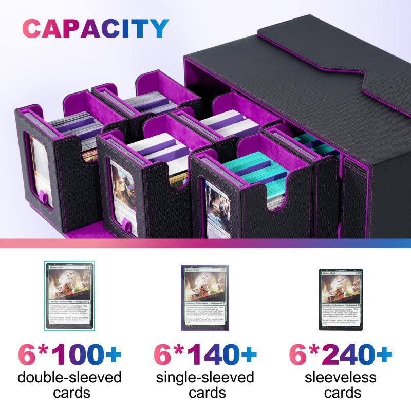 UAONO Commander Deck Box for MTG  6-Deck Modular Card Case with Dice Tray Holds 600+ Double-sleeved Cards  Removable Trading Cards Storage Box with 35PT Magnetic Card Holders for TCG  Black Purple - Image 4