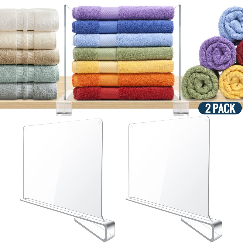 BAUMFEUER 2 Pack Clear Acrylic Shelf Dividers for Closet Shelf Organizer of Bedroom Kitchen Office Bathroom Organizer for Clothes Books and Handbags - Image 1