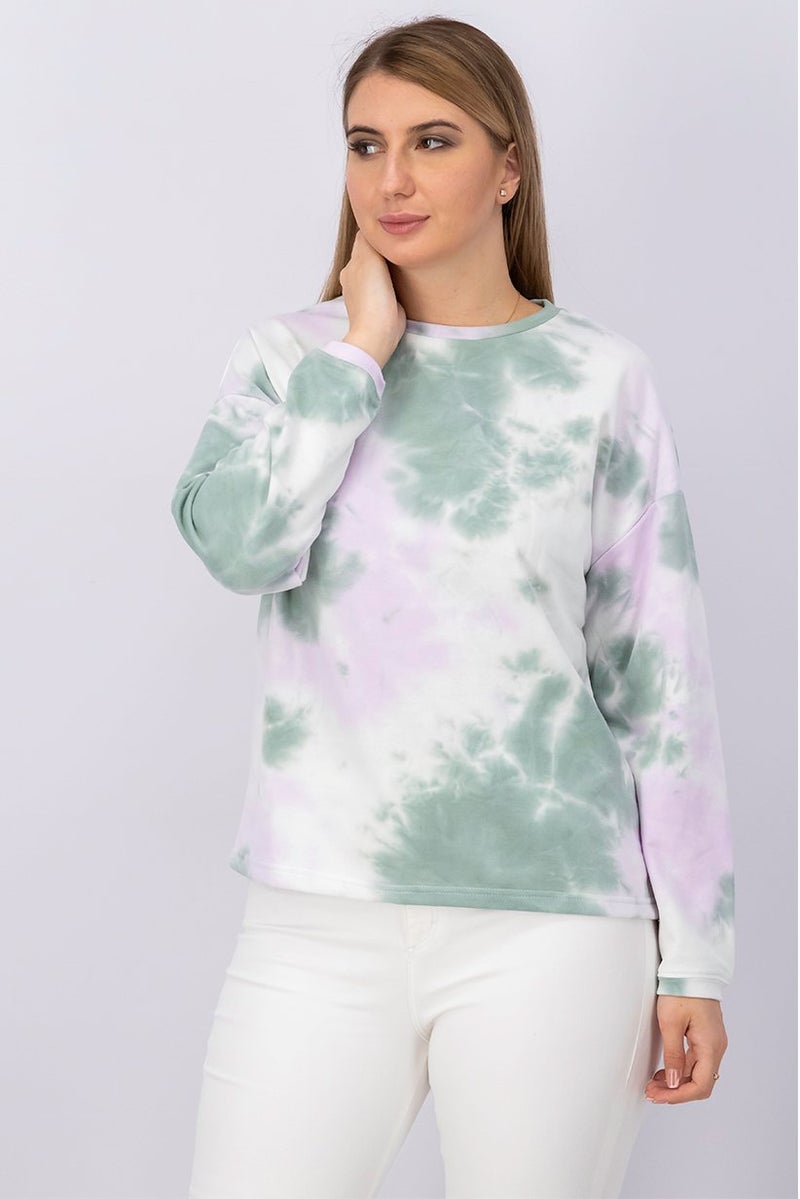 XOXO Women Round Neck Tie Dye Sweater, Green Combo - Image 1