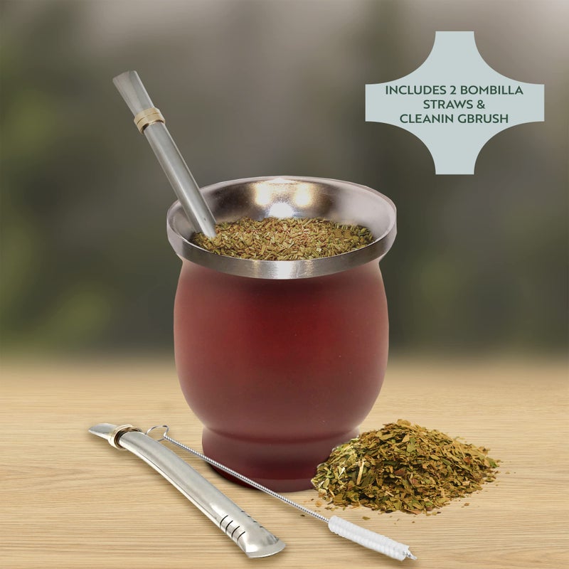 Norte Group Norte Yerba Mate Cup Kit, 8-Ounces Traditional Mate Tea Cup/Gourd Set | Includes 2 Bombillas (Yerba Mate Straw) & Cleaning Brush, Stainless Steel Cup, Double-Walled, Easy to Clean | Burgundy - Image 2