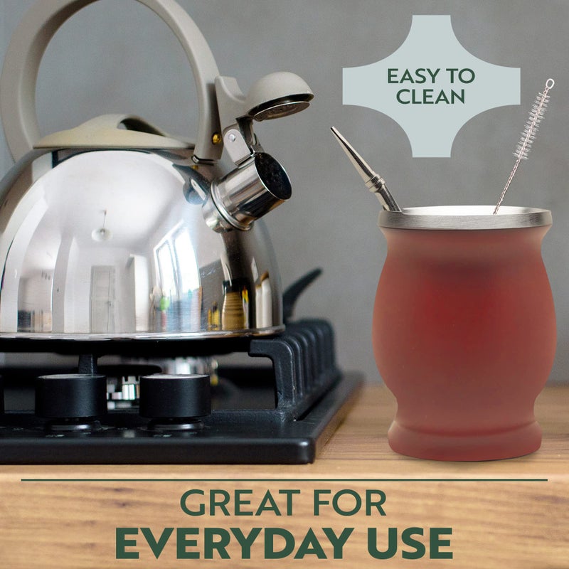 Norte Group Norte Yerba Mate Cup Kit, 8-Ounces Traditional Mate Tea Cup/Gourd Set | Includes 2 Bombillas (Yerba Mate Straw) & Cleaning Brush, Stainless Steel Cup, Double-Walled, Easy to Clean | Burgundy - Image 4